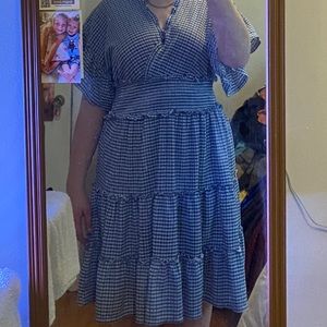 blue and white dress, stretchy, size large